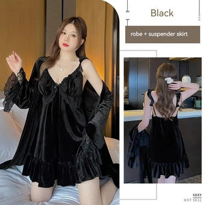 Pajamas For Women Sexy Sleepwear Black Warm Robe Lingerie Winter Sets Golden Velvet Thick 2pcs Nightgowns With Bra Nightdress