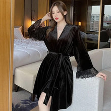 Load image into Gallery viewer, Pajamas For Women Sexy Sleepwear Black Warm Robe Lingerie Winter Sets Golden Velvet Thick 2pcs Nightgowns With Bra Nightdress