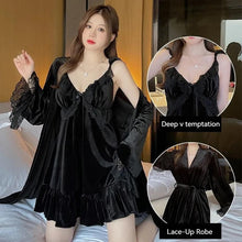 Load image into Gallery viewer, Pajamas For Women Sexy Sleepwear Black Warm Robe Lingerie Winter Sets Golden Velvet Thick 2pcs Nightgowns With Bra Nightdress