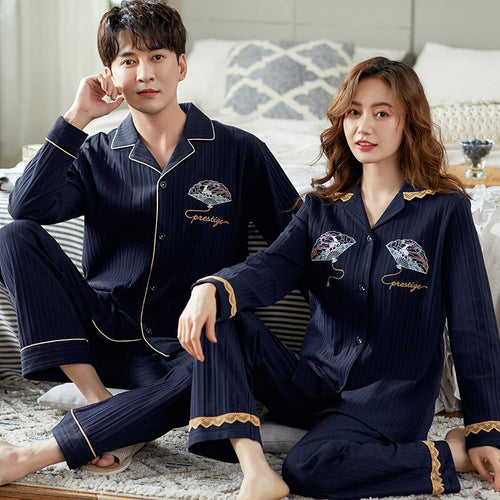 Pajamas Set Royal blue Turn Down Collar Homesuit Homeclothes Fashion Style Autumn Style 100% Cotton Men and Women Couple Pajamas