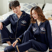 Load image into Gallery viewer, Pajamas Set Royal blue Turn Down Collar Homesuit Homeclothes Fashion Style Autumn Style 100% Cotton Men and Women Couple Pajamas