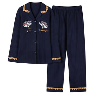 Pajamas Set Royal blue Turn Down Collar Homesuit Homeclothes Fashion Style Autumn Style 100% Cotton Men and Women Couple Pajamas