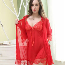 Load image into Gallery viewer, Pajamas Set Woman 2 Pieces Sexy Sling Lingerie Sleepwear Robe Babydoll Attractive Sexy Lace Mesh Dress Woman Home Wear