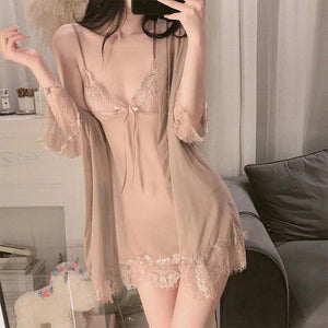 Pajamas Set Woman 2 Pieces Sexy Sling Lingerie Sleepwear Robe Babydoll Attractive Sexy Lace Mesh Dress Woman Home Wear