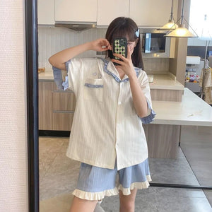 Pajamas Set Woman 2 Pieces Summer Sleepwear Breathable Sweet Cute Korean Version Short Sleeve Shorts Loose Home Wear Female Suit