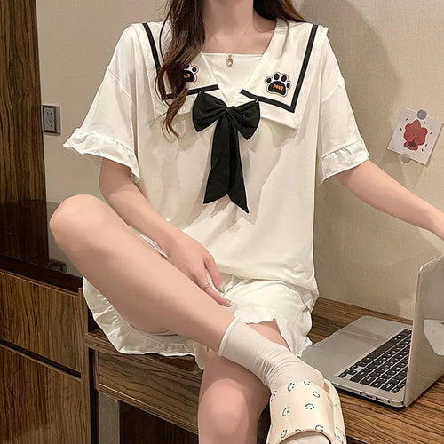 Pajamas Woman Summer Cotton Short-Sleeve Shorts Sweet And Korean Kawaii Nightwear New Home Clothes Woman 2 Piece Set