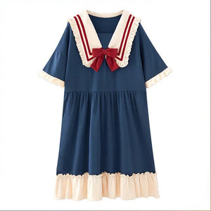 Pajamas Women&#39;S Summer Set Short-Sleeved Suit New Princess Navy Style Sweet Kawaii Student Cartoon Ladies Bow Tie Home Clothes