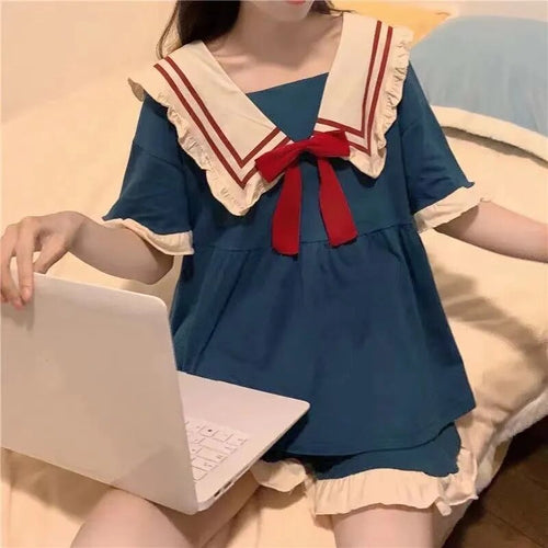 Pajamas Women'S Summer Set Short-Sleeved Suit New Princess Navy Style Sweet Kawaii Student Cartoon Ladies Bow Tie Home Clothes