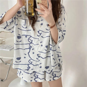 Pajamas Women Summer Bear Print Thin Can Be Worn Outside Cardigan Home Service Suit Two-Piece Set  Japanese Style Kawaii