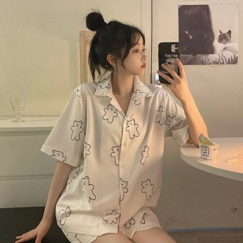 Pajamas Women Summer Bear Print Thin Can Be Worn Outside Cardigan Home Service Suit Two-Piece Set  Japanese Style Kawaii