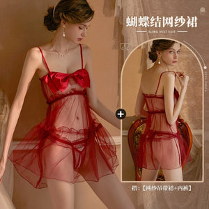 Pajamas for Women Bow Mesh Ruffles Sexy Lingerie Clothes Sleepwear Set Mesh Perspective Suspenders Skirt Lace Lingerie 18