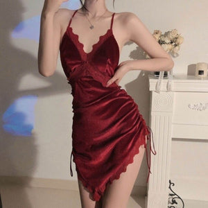 Palace Style Sexy Sleepwear Velvet Beauty Back Strap Nightdress Lace Backless Bandage Night Dress Women Nightgowns Sleep Tops