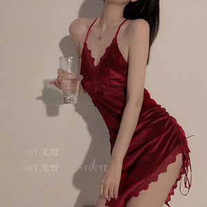 Palace Style Sexy Sleepwear Velvet Beauty Back Strap Nightdress Lace Backless Bandage Night Dress Women Nightgowns Sleep Tops