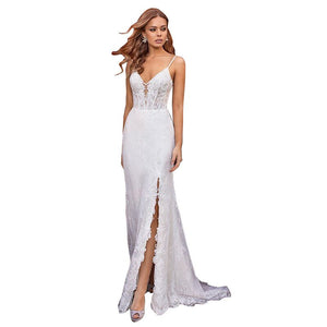 Party Dresses Women Evening Elegant Sexy Deep V Neck Spaghetti Strap Sleeveless Backless Split White Lace Dress Long Maxi Dress