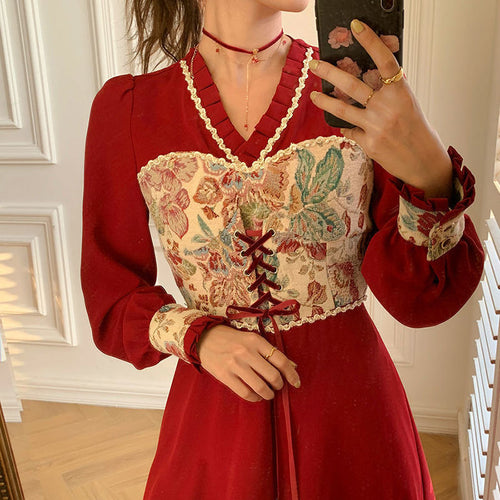 Patchwork Party Dress Women Spring Elegant Designer Lace Midi Dress Female Casual Print French Retro Korean Dress Women 2021 New