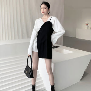 Patchwork V Neck Long Sleeve Design Dress for Women Simple Slim Waist All Match Vestido De Mujer A Line Solid High Street Robe