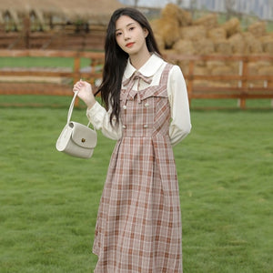 Patchwork Vintage Kawaii Dress Women Fake Two-Piece Plaid Party Midi Dress Female Korean College Style Chic Dress Autumn 2021