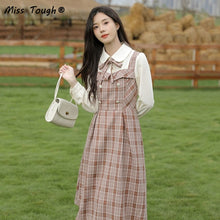 Load image into Gallery viewer, Patchwork Vintage Kawaii Dress Women Fake Two-Piece Plaid Party Midi Dress Female Korean College Style Chic Dress Autumn 2021