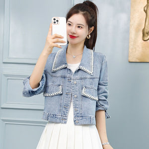 Pearl Denim Jacket Short Elegant 2022 Spring Autumn Jeans Jacket Coat Woman Hole Women Basic Coats Korea Style Light Blue Cute
