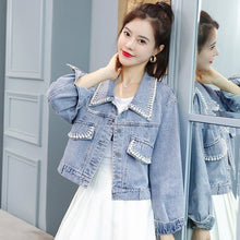 Load image into Gallery viewer, Pearl Denim Jacket Short Elegant 2022 Spring Autumn Jeans Jacket Coat Woman Hole Women Basic Coats Korea Style Light Blue Cute
