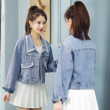 Load image into Gallery viewer, Pearl Denim Jacket Short Elegant 2022 Spring Autumn Jeans Jacket Coat Woman Hole Women Basic Coats Korea Style Light Blue Cute