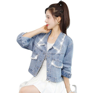 Pearl Denim Jacket Short Elegant 2022 Spring Autumn Jeans Jacket Coat Woman Hole Women Basic Coats Korea Style Light Blue Cute
