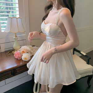 Pearl Strap Slim High Waist Party Mini Dresses Women Summer French Elegant Sexy Backless Solid One Piece Dress Female Vestidos