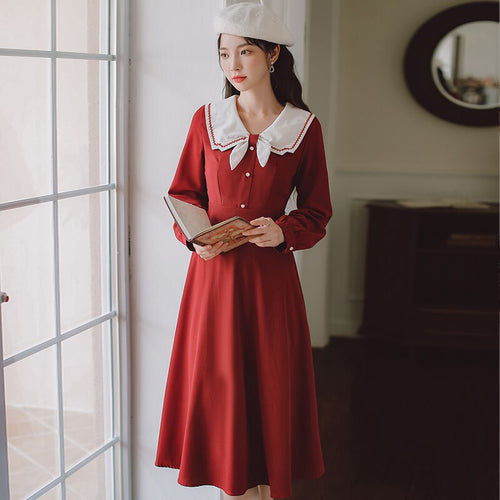 Peter pan Collar Cute Retro Dress Female Kawaii Red Dress 2021 Apring Autumn Sweet One-Piece Dress Vestidos elegantes para mujer