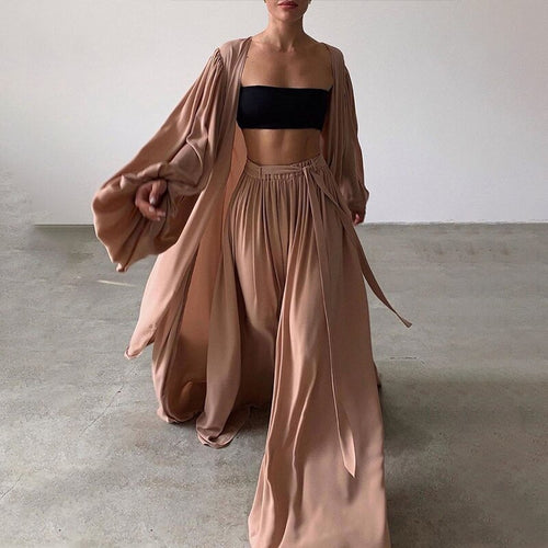Piece Sets Homewear Fashion Casual Lantern Sleeve Cardigan Tops+Wide Leg Pants Suits Lady Spring Soft Three Piece Outfit