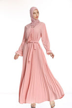 Load image into Gallery viewer, Pink 2021  Newest Muslim Abaya Pleated Sashes Elegant Ruffle Sleeve Abayas for Women Fashion Elegant A-line Islamic Dress