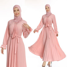 Load image into Gallery viewer, Pink 2021  Newest Muslim Abaya Pleated Sashes Elegant Ruffle Sleeve Abayas for Women Fashion Elegant A-line Islamic Dress