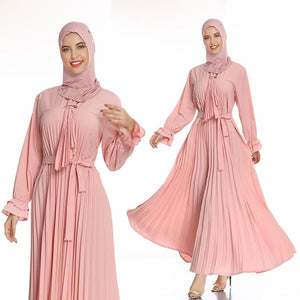 Pink 2021  Newest Muslim Abaya Pleated Sashes Elegant Ruffle Sleeve Abayas for Women Fashion Elegant A-line Islamic Dress