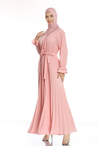 Pink 2021  Newest Muslim Abaya Pleated Sashes Elegant Ruffle Sleeve Abayas for Women Fashion Elegant A-line Islamic Dress