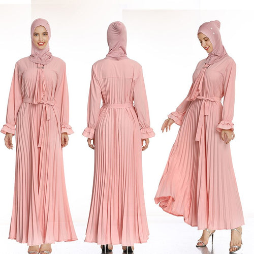 Pink 2021  Newest Muslim Abaya Pleated Sashes Elegant Ruffle Sleeve Abayas for Women Fashion Elegant A-line Islamic Dress