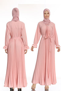 Pink 2021  Newest Muslim Abaya Pleated Sashes Elegant Ruffle Sleeve Abayas for Women Fashion Elegant A-line Islamic Dress