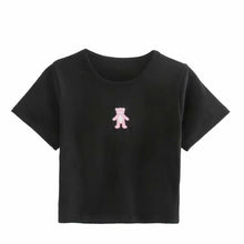 Load image into Gallery viewer, Pink Bear Anime Embroidered O Neck High Waist Short Sleeve Crop Tops Women Summer Harajuku Y2k Kawaii White Girls T-shirts 2021