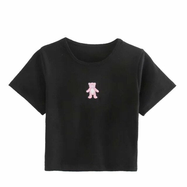 Pink Bear Anime Embroidered O Neck High Waist Short Sleeve Crop Tops Women Summer Harajuku Y2k Kawaii White Girls T-shirts 2021