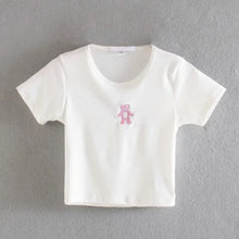 Load image into Gallery viewer, Pink Bear Anime Embroidered O Neck High Waist Short Sleeve Crop Tops Women Summer Harajuku Y2k Kawaii White Girls T-shirts 2021