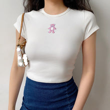 Load image into Gallery viewer, Pink Bear Anime Embroidered O Neck High Waist Short Sleeve Crop Tops Women Summer Harajuku Y2k Kawaii White Girls T-shirts 2021