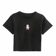 Load image into Gallery viewer, Pink Bear Anime Embroidered O Neck High Waist Short Sleeve Crop Tops Women Summer Harajuku Y2k Kawaii White Girls T-shirts 2021