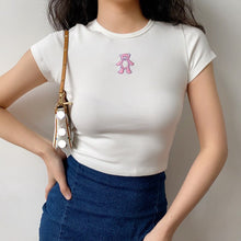 Load image into Gallery viewer, Pink Bear Anime Embroidered O Neck High Waist Short Sleeve Crop Tops Women Summer Harajuku Y2k Kawaii White Girls T-shirts 2021