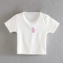 Load image into Gallery viewer, Pink Bear Anime Embroidered O Neck High Waist Short Sleeve Crop Tops Women Summer Harajuku Y2k Kawaii White Girls T-shirts 2021