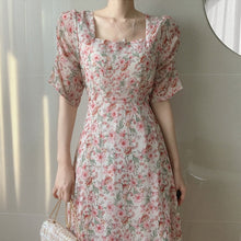 Load image into Gallery viewer, Pink Chiffon Elegant Print Floral Dress Women Summer Sweet Patchwork Dress Female Casual Party Holiday Outdoor Korean Dress 2021