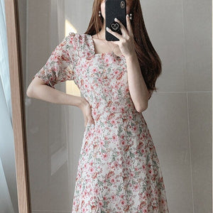 Pink Chiffon Elegant Print Floral Dress Women Summer Sweet Patchwork Dress Female Casual Party Holiday Outdoor Korean Dress 2021