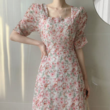 Load image into Gallery viewer, Pink Chiffon Elegant Print Floral Dress Women Summer Sweet Patchwork Dress Female Casual Party Holiday Outdoor Korean Dress 2021