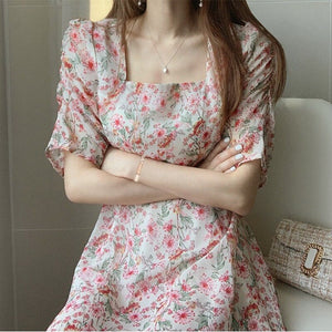 Pink Chiffon Elegant Print Floral Dress Women Summer Sweet Patchwork Dress Female Casual Party Holiday Outdoor Korean Dress 2021