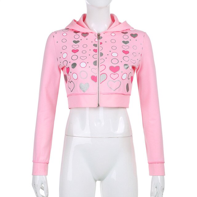 Pink Cute Hoodies Women Colorful Heart Print Kawaii Pullovers Zip Up Long Sleeve 90s Aesthetic Cropped Sweatshirts