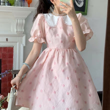 Load image into Gallery viewer, Pink Elegant Floral Dress Women Summer Designer Short Sleeve Sweet Mini Dress Female High Waist Casual Chic Party Cute Clothing