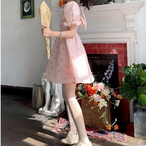 Pink Elegant Floral Dress Women Summer Designer Short Sleeve Sweet Mini Dress Female High Waist Casual Chic Party Cute Clothing