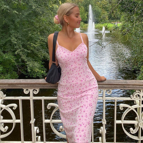 Pink Floral Print Dress 2021 Sexy Spaghetti Long Boho Dress Bodycon Women Summer V Neck Lace Y2K Party Club Beach Dresses